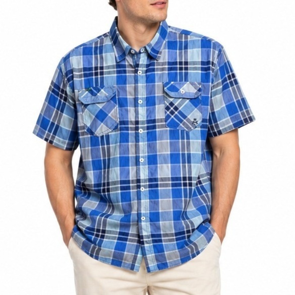Akademiks Shirt Mens 3XL Blue Plaid Short Sleeve Button Up Streetwear Urban